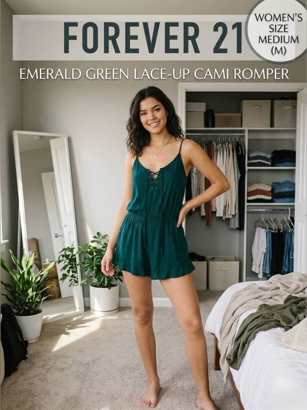 Forever 21 Emerald Green Lace Up Cami Romper Women’s Medium M